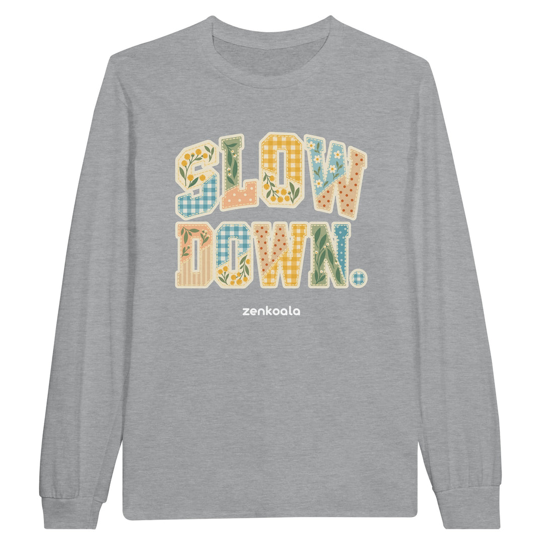 Slow Down Faux Patchwork feel-good long sleeve tee in sports grey, Zen Koala Australia