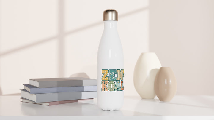 Zen Koala Faux Patchwork water bottle beside books and vases, Zen Koala Australia