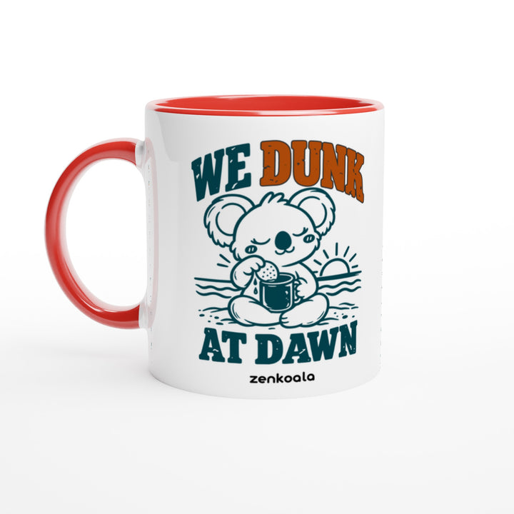 We Dunk at Dawn mug in red: white with a red rim, inside and handle, Zen Koala Australia