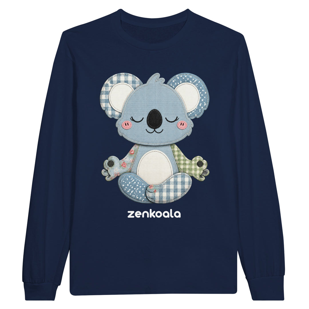 Faux Patchwork Meditating Koala long sleeve tee in navy — Zen Koala Australia