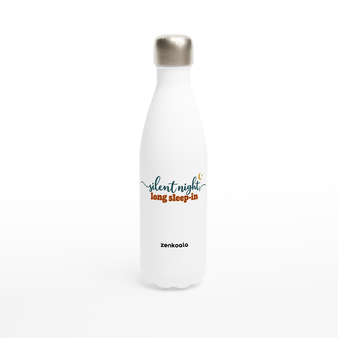 Silent Night Long Sleep-In feel-good water bottle: flowing script under a little moon, Zen Koala Australia