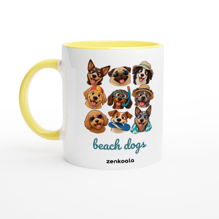 Beach Dogs mug in yellow: white with a yellow rim, inside and handle, Zen Koala Australia