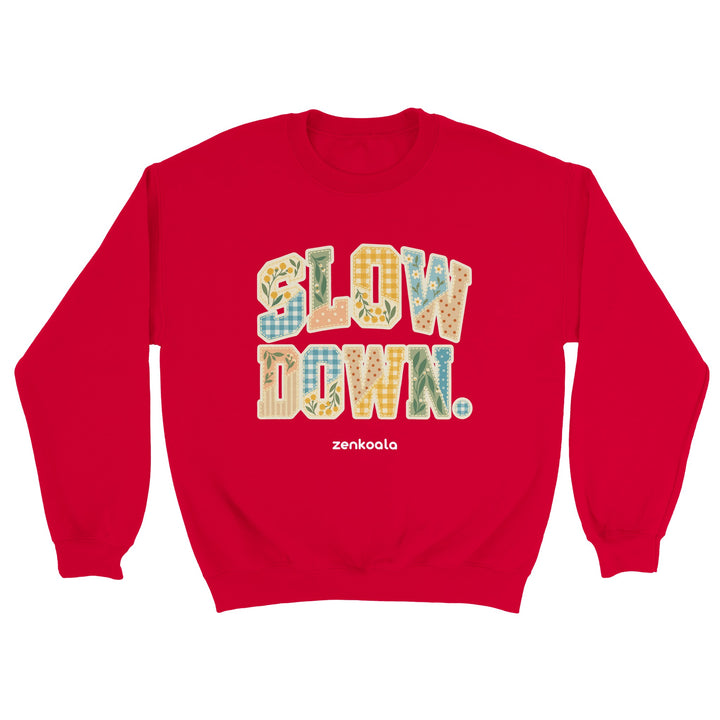 Slow Down Faux Patchwork feel-good sweatshirt in red, Zen Koala Australia