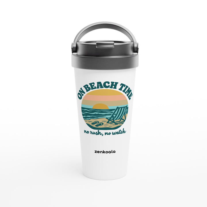 On Beach Time feel-good travel mug: a retro sunset beach with a deckchair, Zen Koala Australia