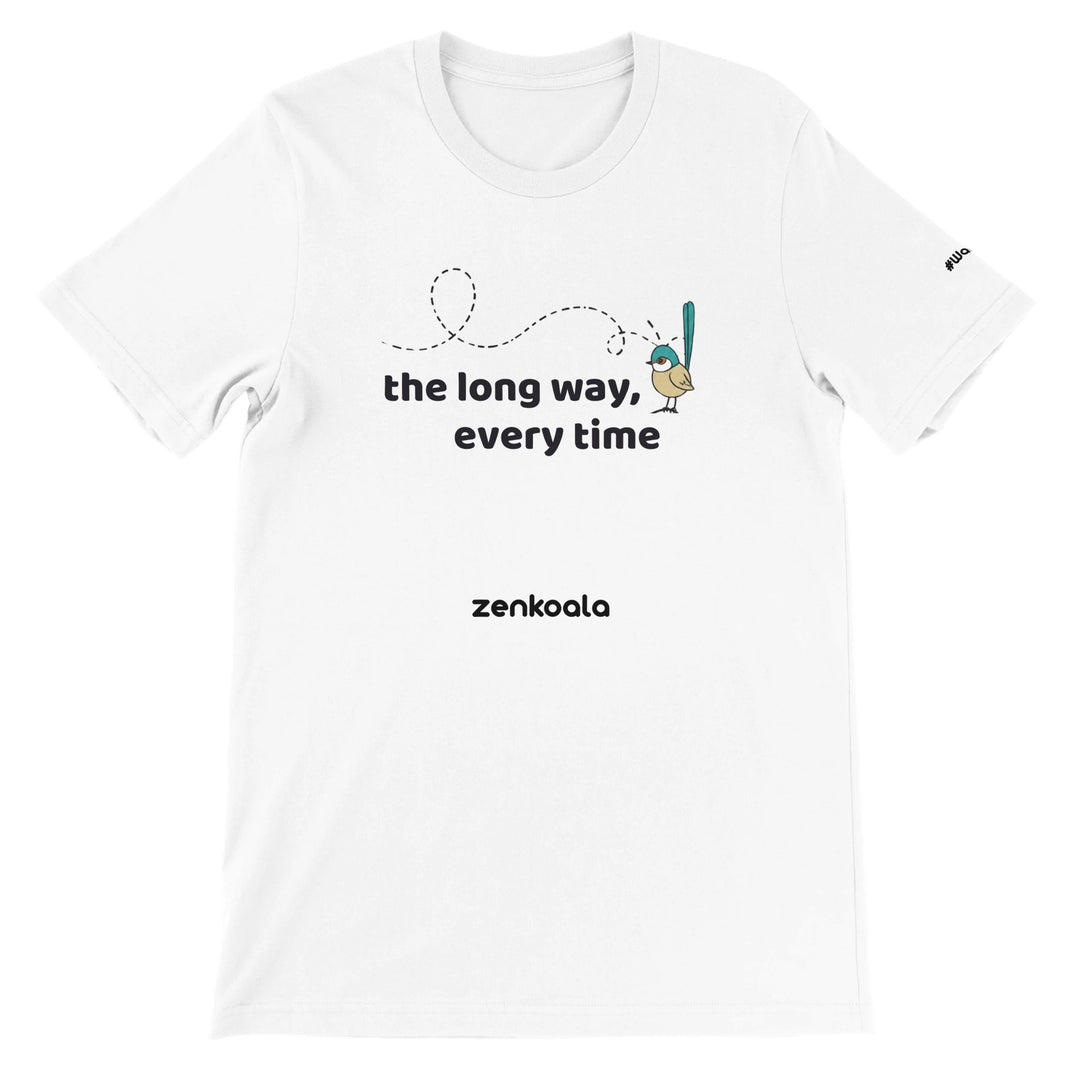 The Long Way Every Time feel-good tee in white — a fairy-wren at the end of a looping flight path, Zen Koala Australia