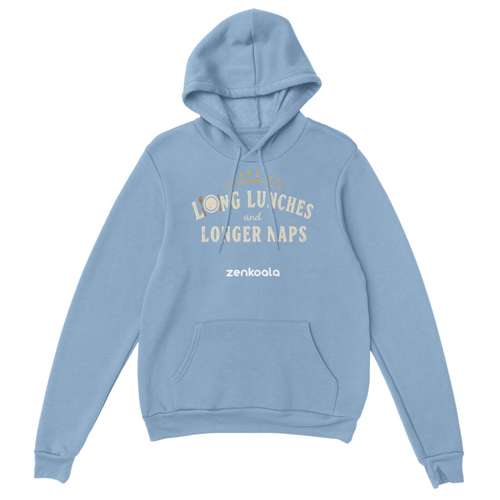 Long Lunches and Longer Naps feel-good hoodie in Light Blue — Zen Koala Australia