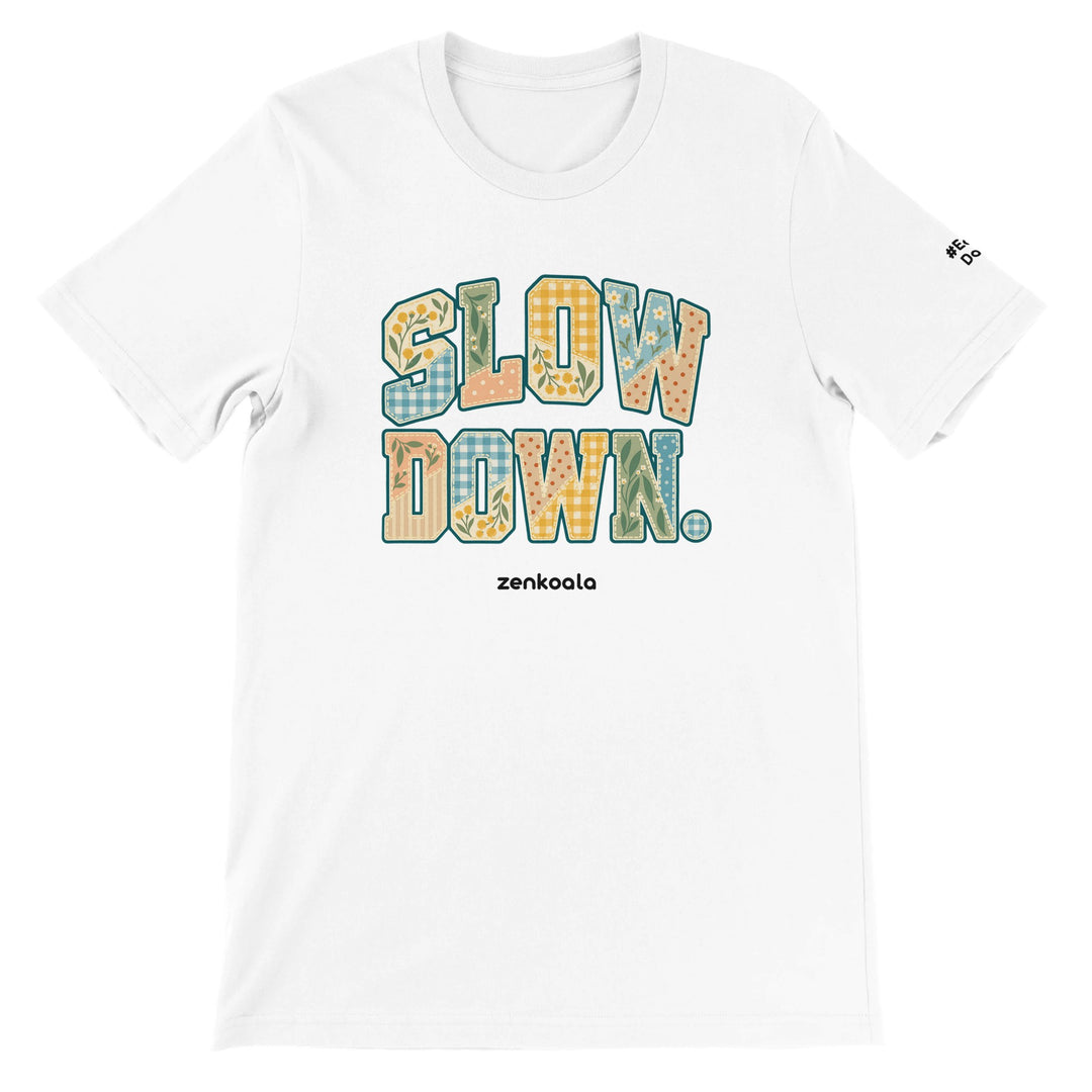 Slow Down Faux Patchwork feel-good tee in white, Zen Koala Australia