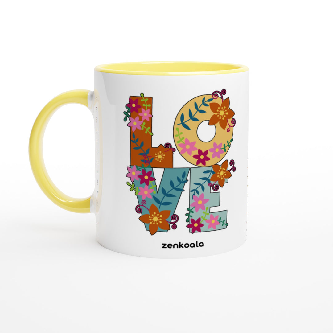 Love mug in yellow: white with a yellow rim, inside and handle, Zen Koala Australia