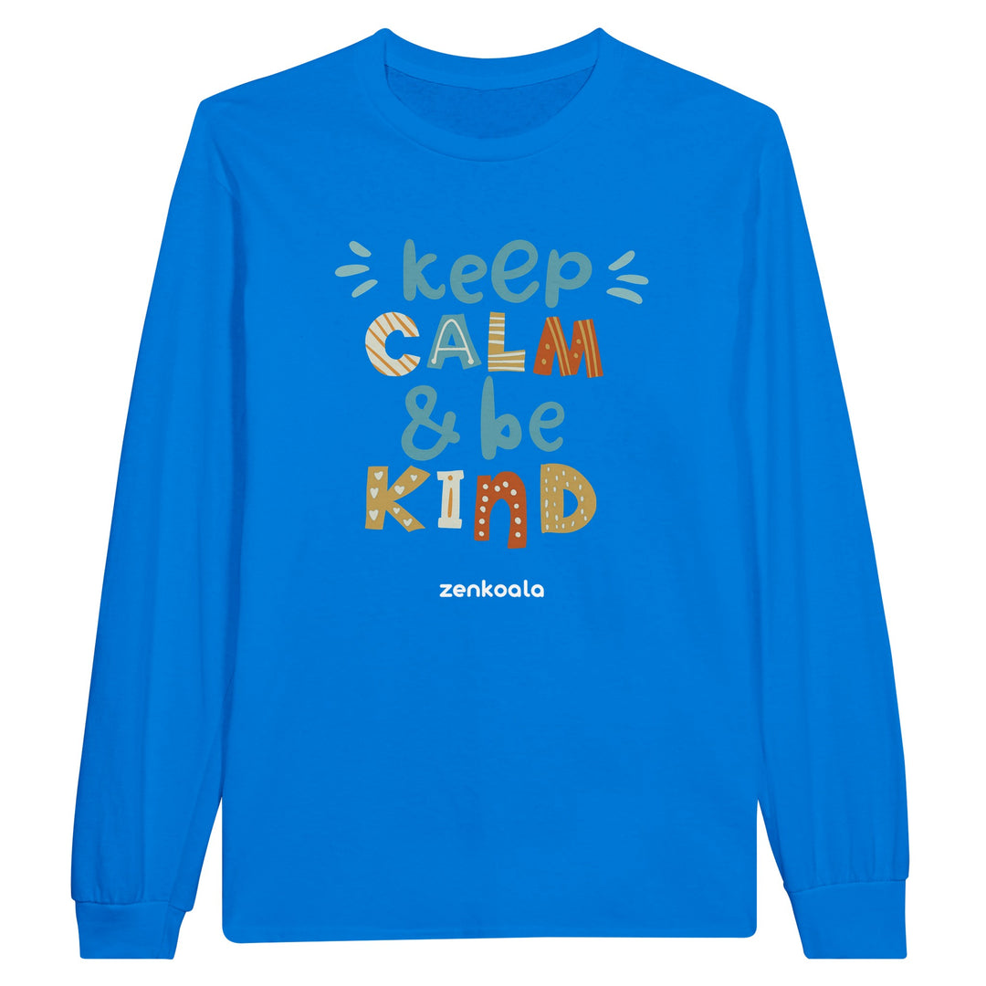 Keep Calm, Be Kind feel-good long sleeve tee in royal, Zen Koala Australia