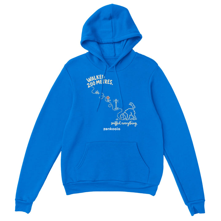 Sniffed Everything feel-good hoodie in royal: a little dog on a winding walk, Zen Koala Australia