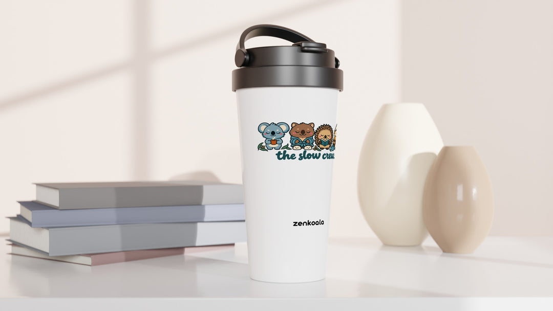 The Slow Crew travel mug beside books and vases, Zen Koala Australia