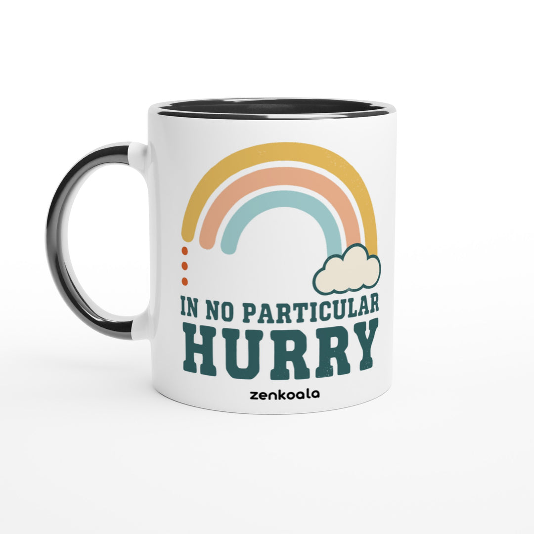 In No Particular Hurry mug in black: white with a black rim, inside and handle, Zen Koala Australia