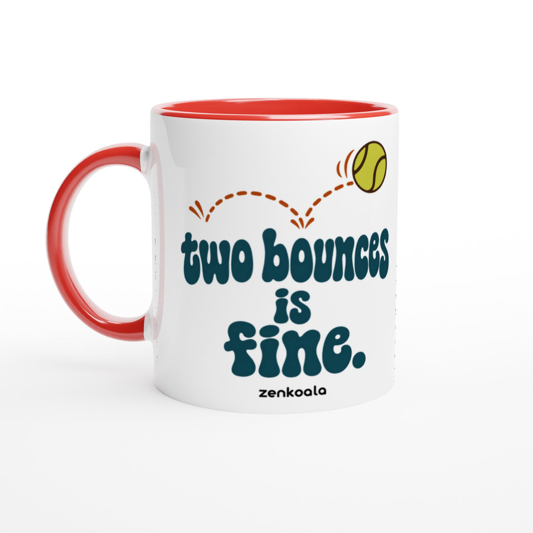Two Bounces Is Fine mug in red: white with a red rim, inside and handle, Zen Koala Australia