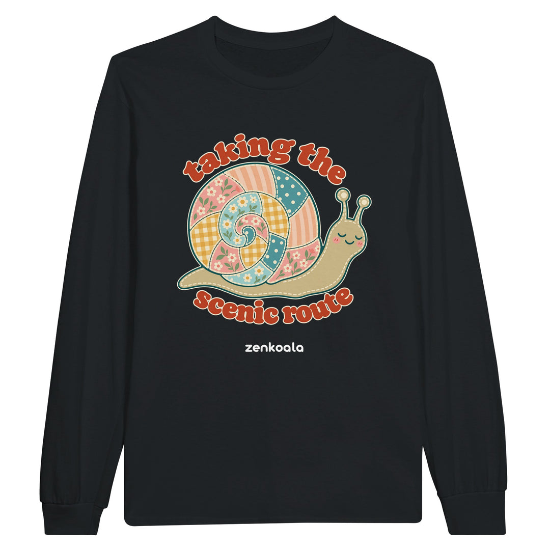 Taking the Scenic Route Snail feel-good long sleeve tee in black, Zen Koala Australia