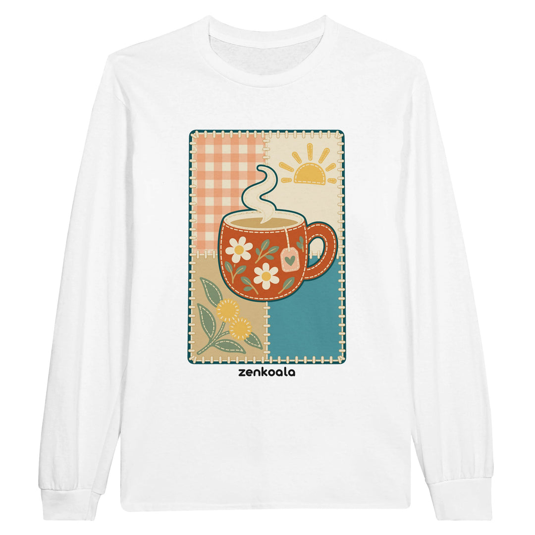 Cuppa Quilt feel-good long sleeve tee in white, Zen Koala Australia