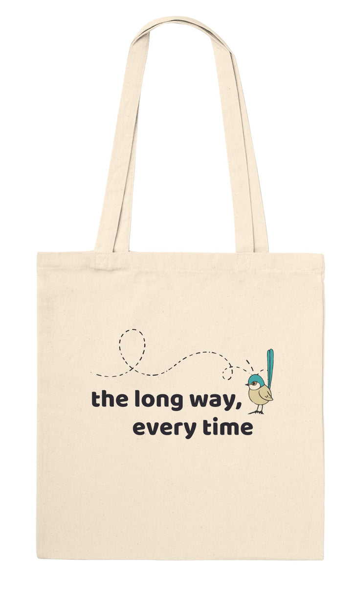 The Long Way Every Time feel-good tote bag in natural: a fairy-wren on a looping flight path, Zen Koala Australia