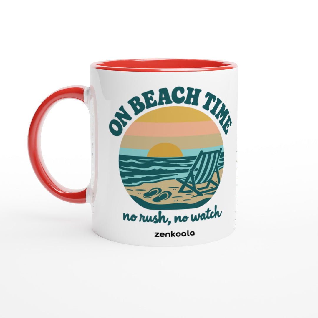 On Beach Time mug in red: white with a red rim, inside and handle, Zen Koala Australia