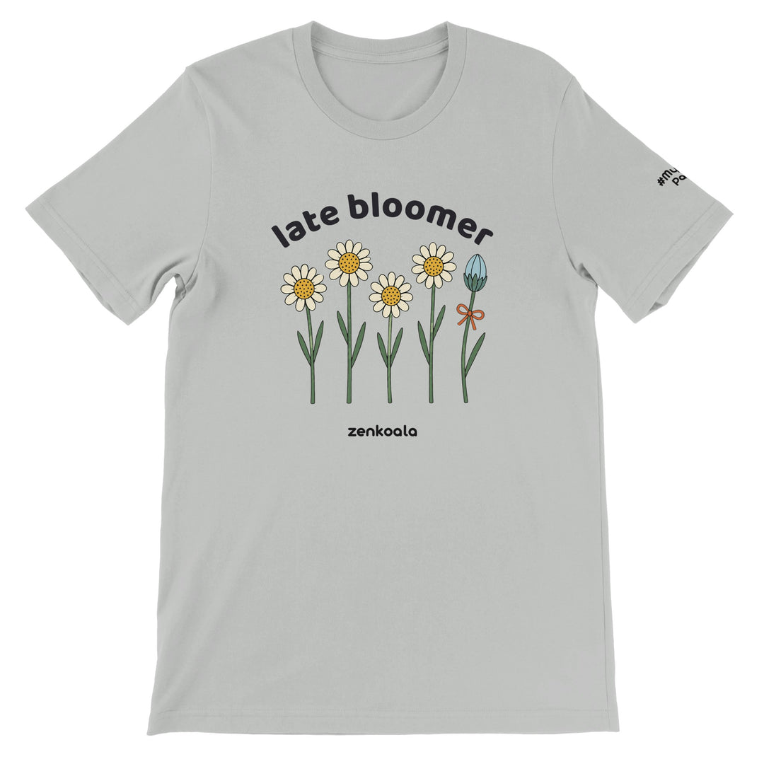 Late Bloomer feel-good tee in silver, Zen Koala Australia