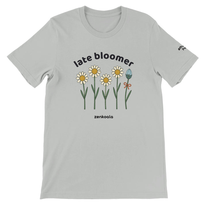 Late Bloomer feel-good tee in silver, Zen Koala Australia