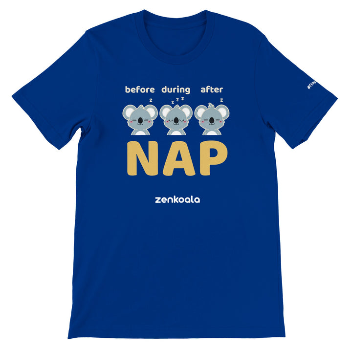 Before Nap Nap After Nap Koala feel-good tee in true royal — Zen Koala Australia