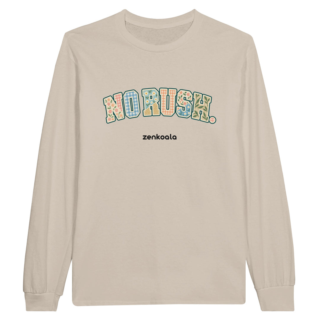 No Rush Faux Patchwork feel-good long sleeve tee in sand, Zen Koala Australia