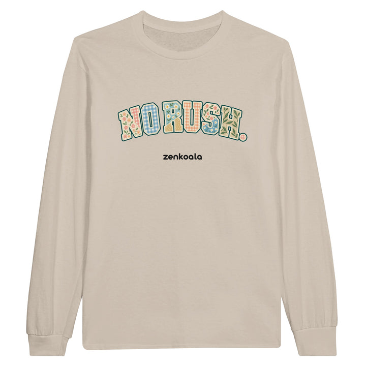 No Rush Faux Patchwork feel-good long sleeve tee in sand, Zen Koala Australia