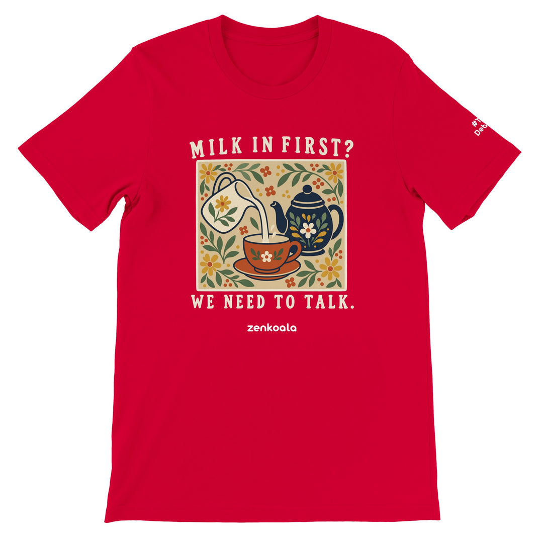 Milk in First feel-good tee in red, Zen Koala Australia