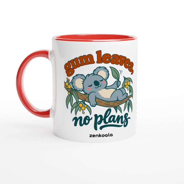 Gum Leaves No Plans mug in red: white with a red rim, inside and handle, Zen Koala Australia