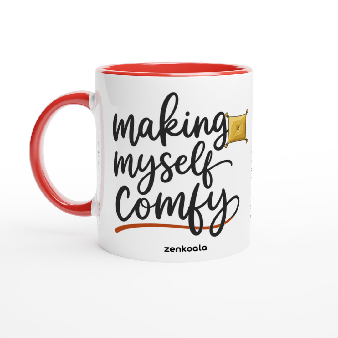 Making Myself Comfy mug in red: white with a red rim, inside and handle, Zen Koala Australia