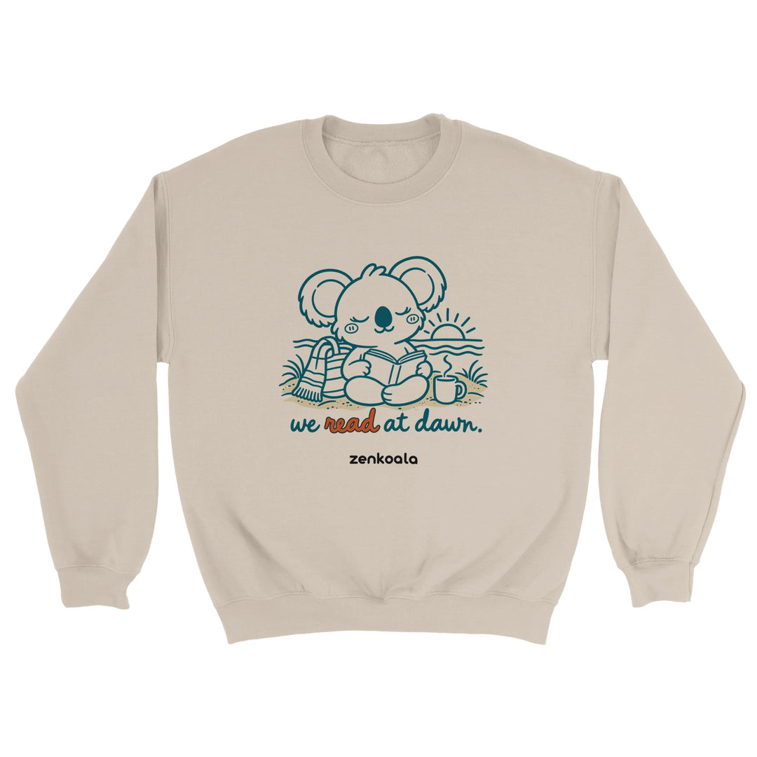 We Read at Dawn feel-good sweatshirt in sand, Zen Koala Australia