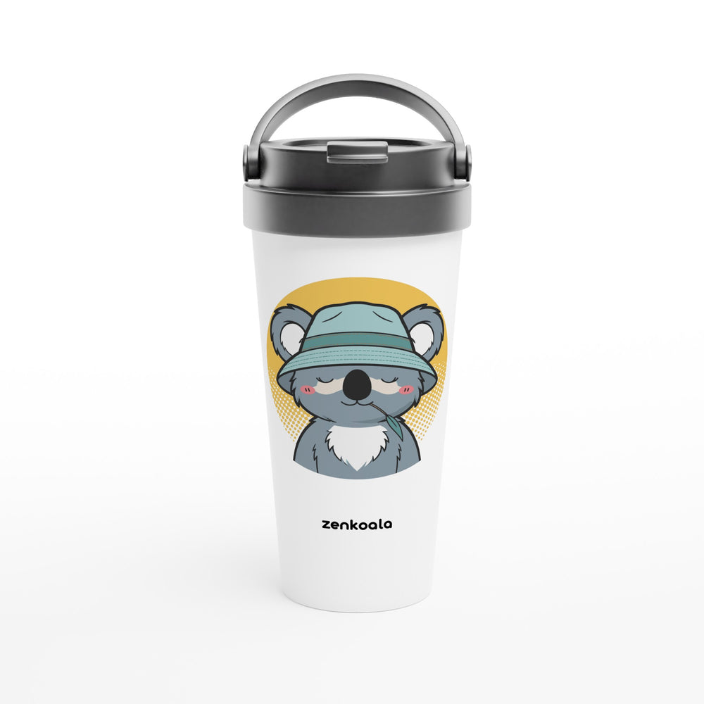 Koala Zinc and Bucket Hat feel-good travel mug: a koala in a bucket hat and zinc, Zen Koala Australia