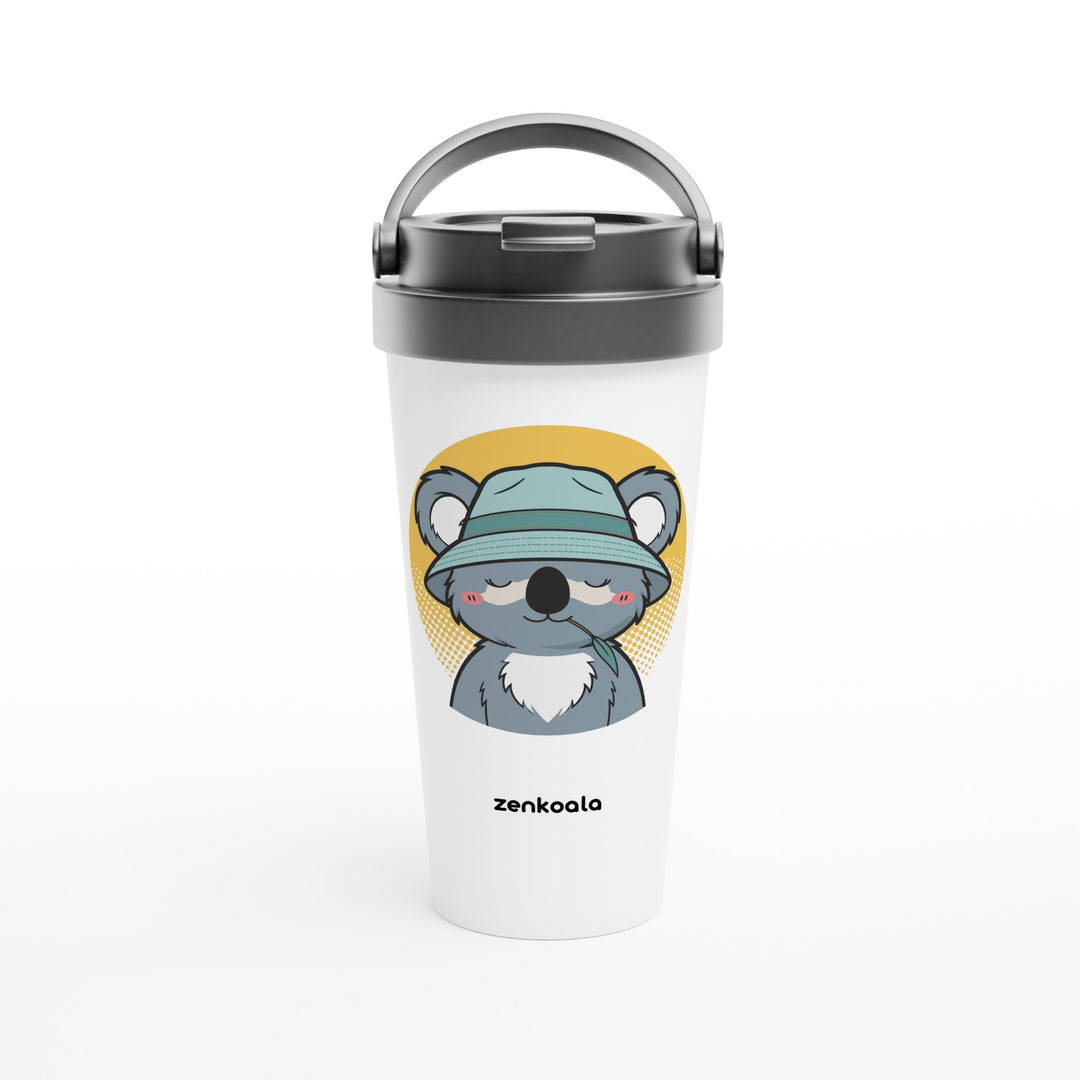 Koala Zinc and Bucket Hat feel-good travel mug: a koala in a bucket hat and zinc, Zen Koala Australia
