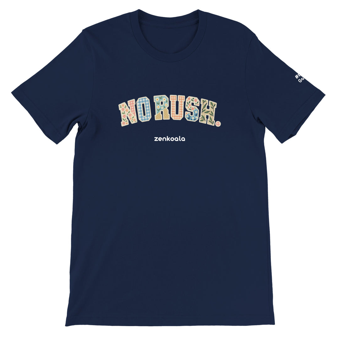 No Rush Faux Patchwork feel-good tee in navy, Zen Koala Australia