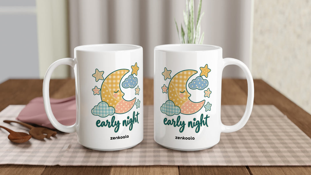 Two Early Night Moon 15oz mugs on a table, showing both sides of the design, Zen Koala Australia