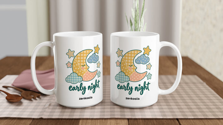 Two Early Night Moon 15oz mugs on a table, showing both sides of the design, Zen Koala Australia