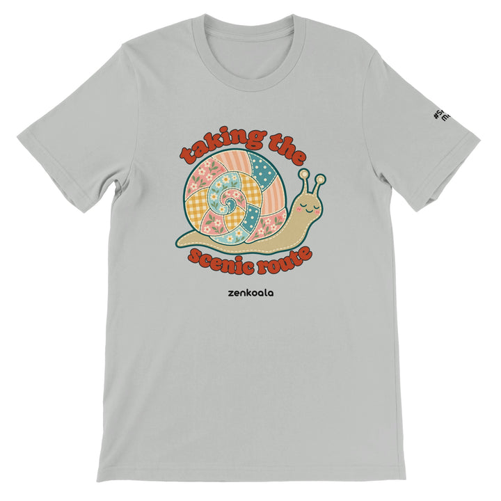 Taking the Scenic Route Snail feel-good tee in silver, Zen Koala Australia