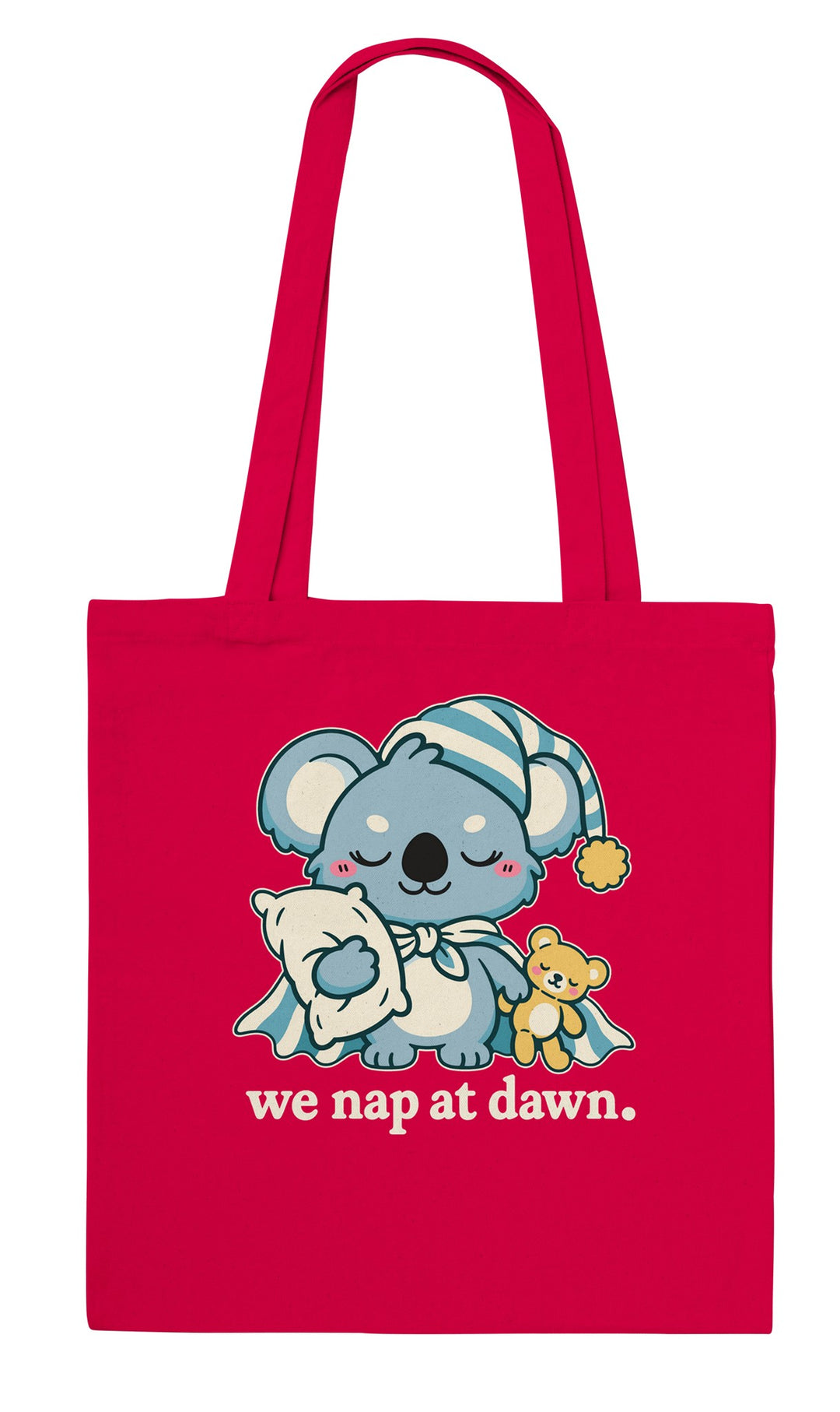 We Nap at Dawn feel-good tote bag in red, Zen Koala Australia