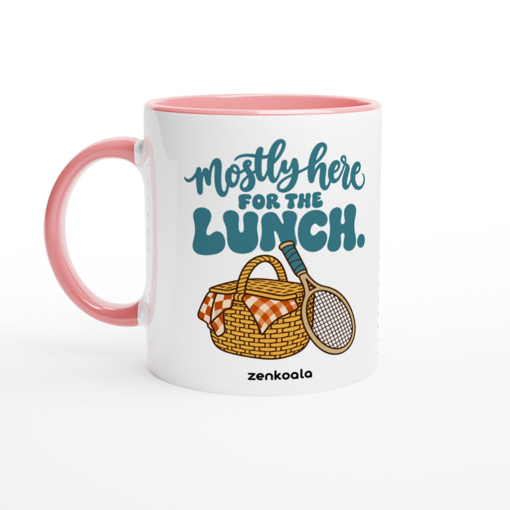 Mostly Here for the Lunch mug in pink: white with a pink rim, inside and handle, Zen Koala Australia
