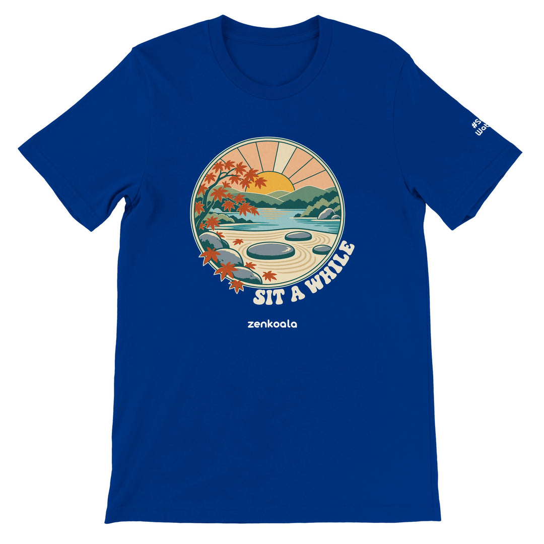 Zen Garden Sit a While feel-good tee in true royal, Zen Koala Australia