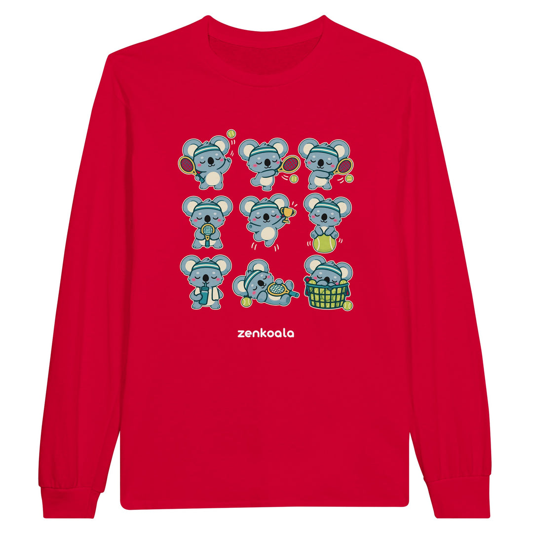Tennis Koalas feel-good long sleeve tee in red, Zen Koala Australia