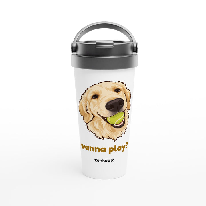 Wanna Play? feel-good travel mug: a golden retriever with a ball, Zen Koala Australia