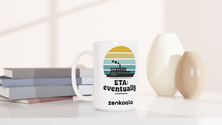 ETA Eventually 15oz mug beside books and vases, Zen Koala Australia