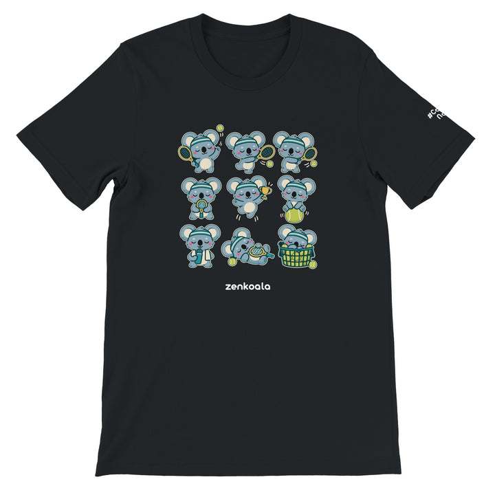 Tennis Koalas feel-good tee in black, Zen Koala Australia