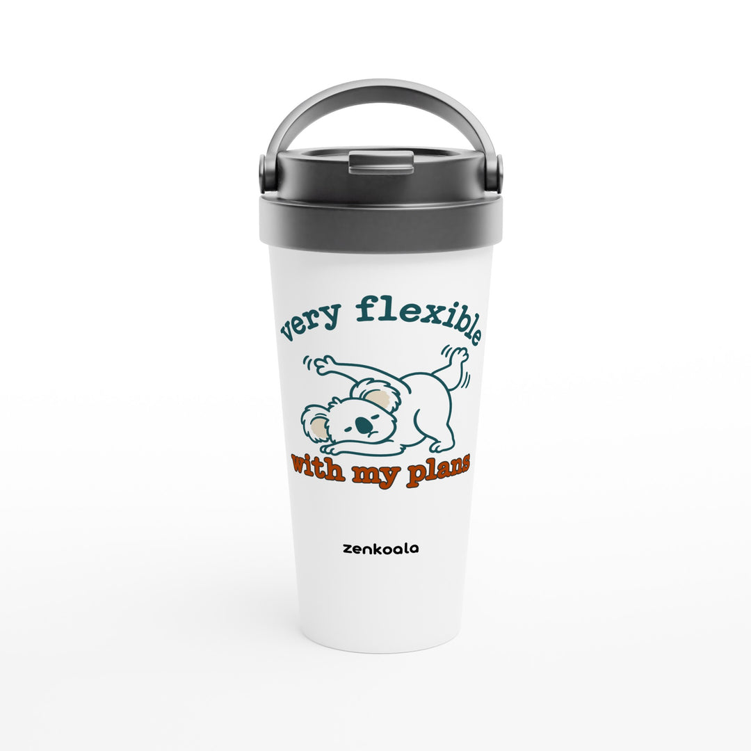 Very Flexible With My Plans feel-good travel mug: a koala in a yoga stretch that isn&