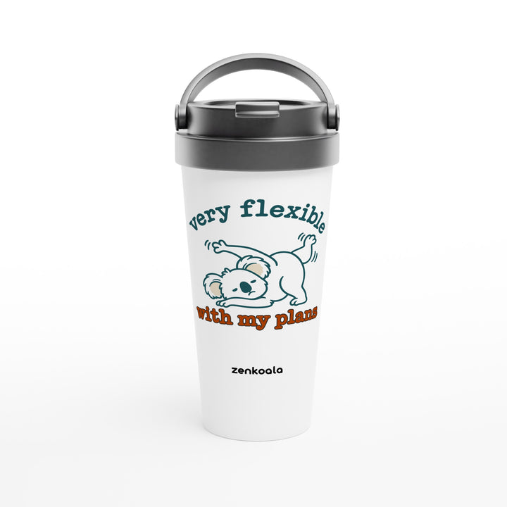 Very Flexible With My Plans feel-good travel mug: a koala in a yoga stretch that isn&
