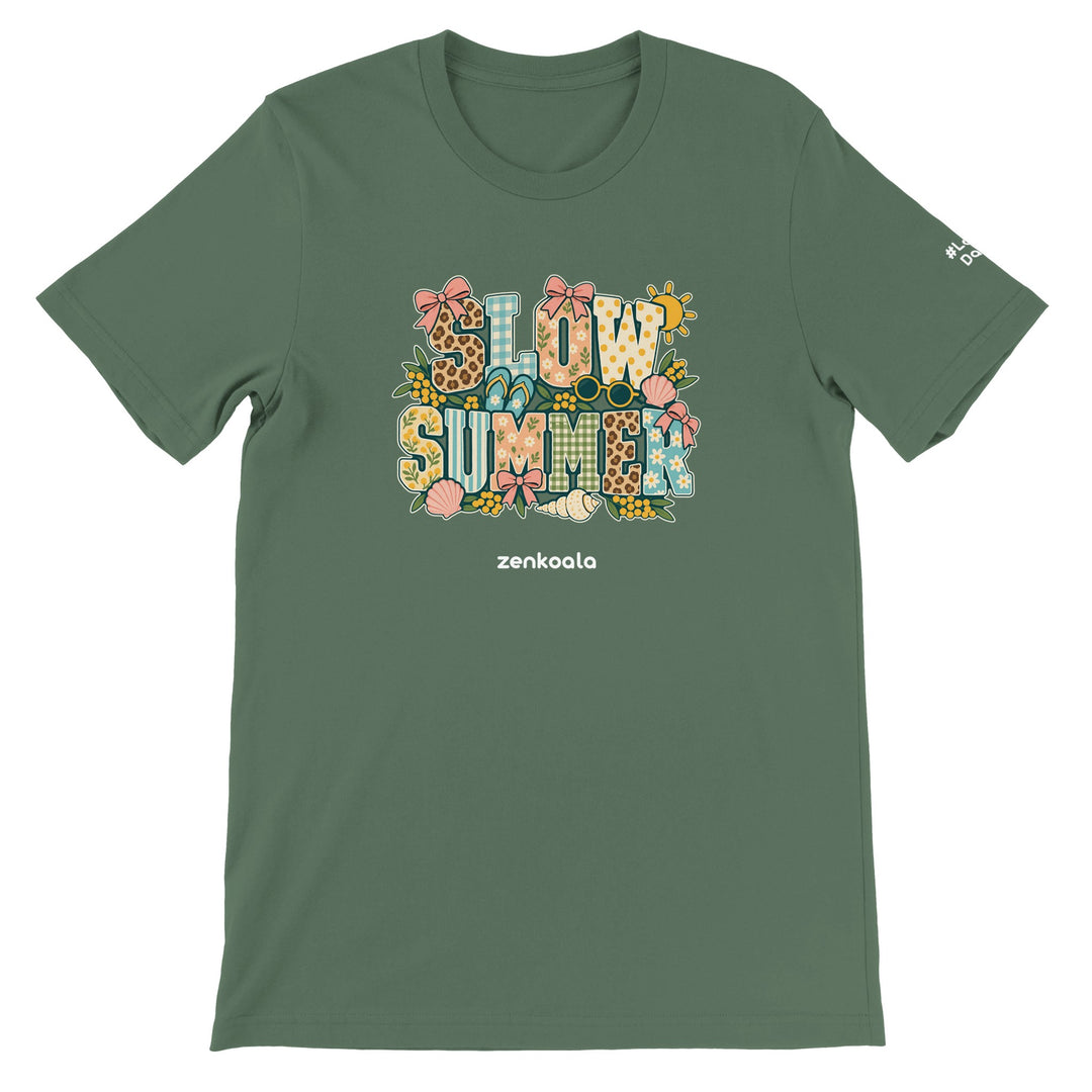 Slow Summer feel-good tee in military green, Zen Koala Australia