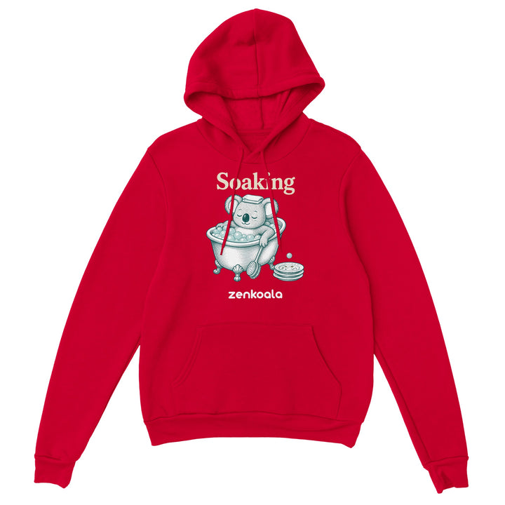Soaking Koala Bath feel-good hoodie in Red — a vintage engraved koala relaxing in a bubble bath, Zen Koala Australia