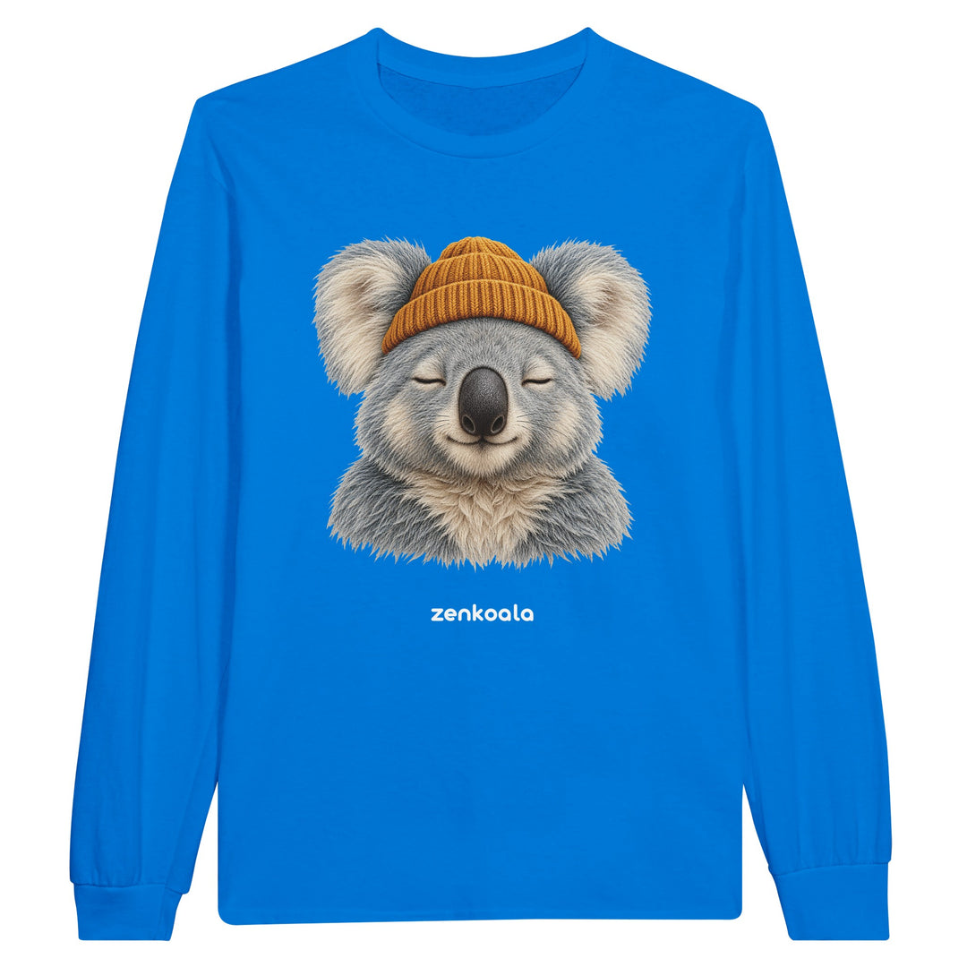 Koala Beanie feel-good long sleeve tee in royal: a koala in a beanie, Zen Koala Australia