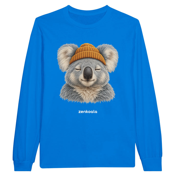 Koala Beanie feel-good long sleeve tee in royal: a koala in a beanie, Zen Koala Australia