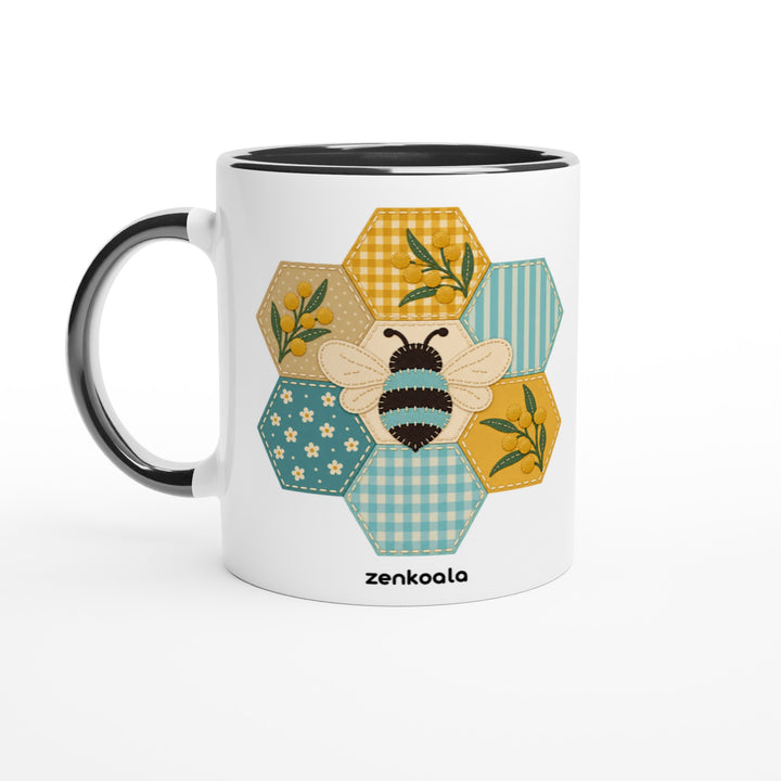 Honeycomb Bee mug in black: white with a black rim, inside and handle, Zen Koala Australia